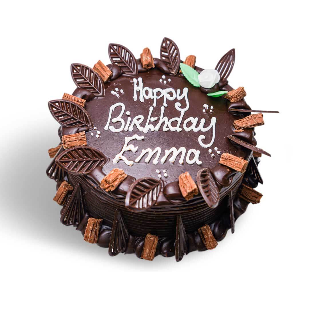 A chocolate birthday cake with chocolate decor and white writing